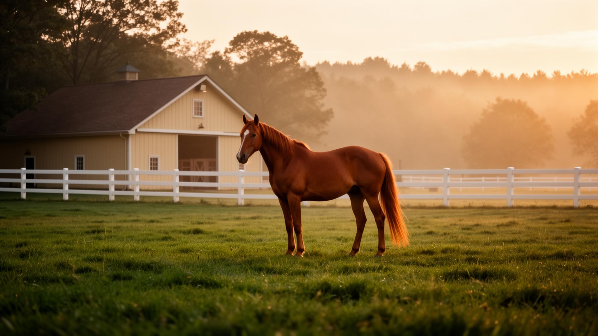 Chestnut horse standing in a green pasture beside a barn at sunrise
