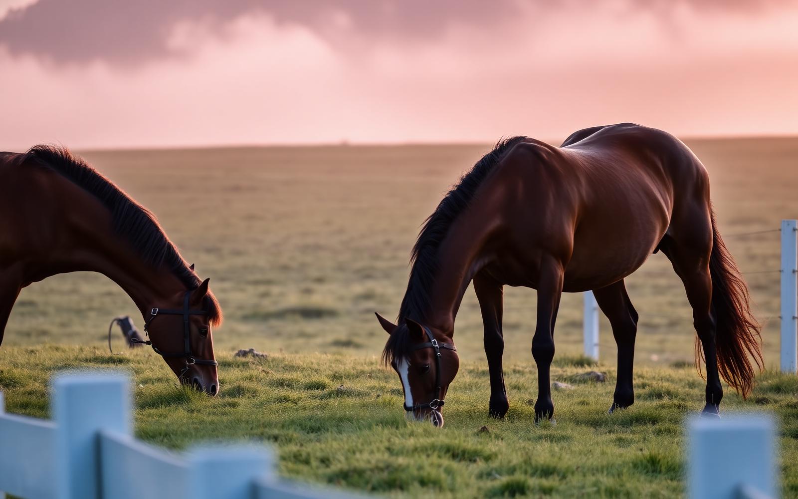 Horses grazing peacefully at sunset